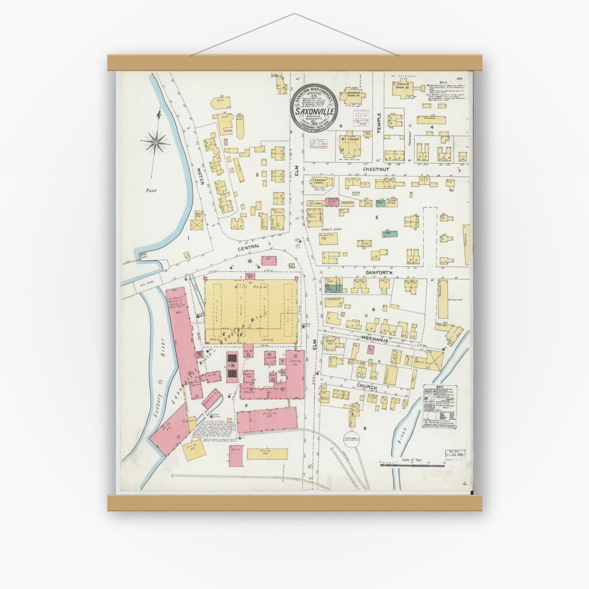 Old map wall art mockup — magnetic wood frame on white wall — Sanborn Fire Insurance Map from Saxonville, Middlesex County, Massachusetts (1906), Sheet #0001