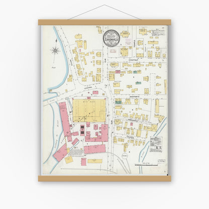 Old map wall art mockup — magnetic wood frame on white wall — Sanborn Fire Insurance Map from Saxonville, Middlesex County, Massachusetts (1906), Sheet #0001