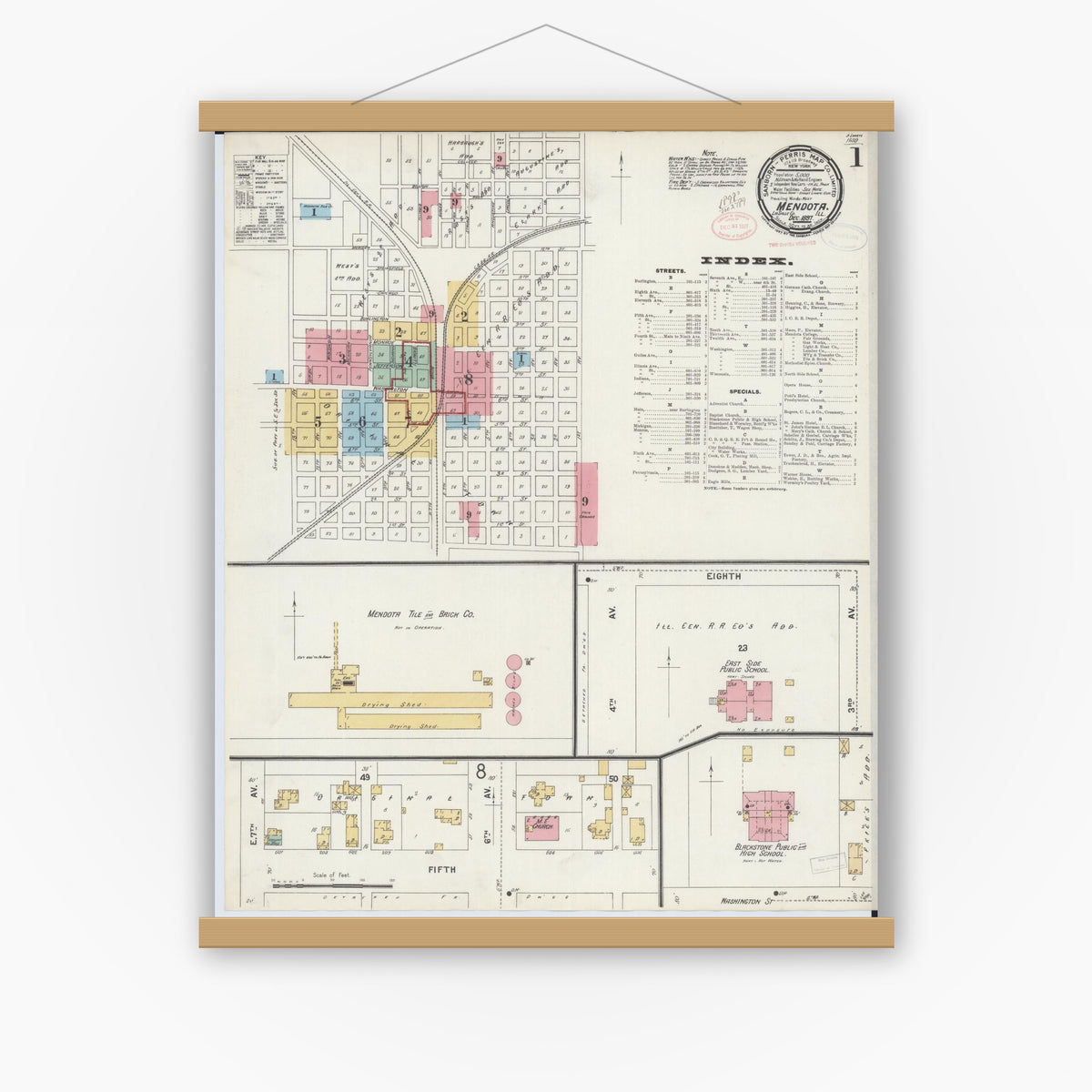 Old map wall art mockup — magnetic wood frame on white wall — Sanborn Fire Insurance Map from Mendota, La Salle County, Illinois (1897) - Complete Map Set