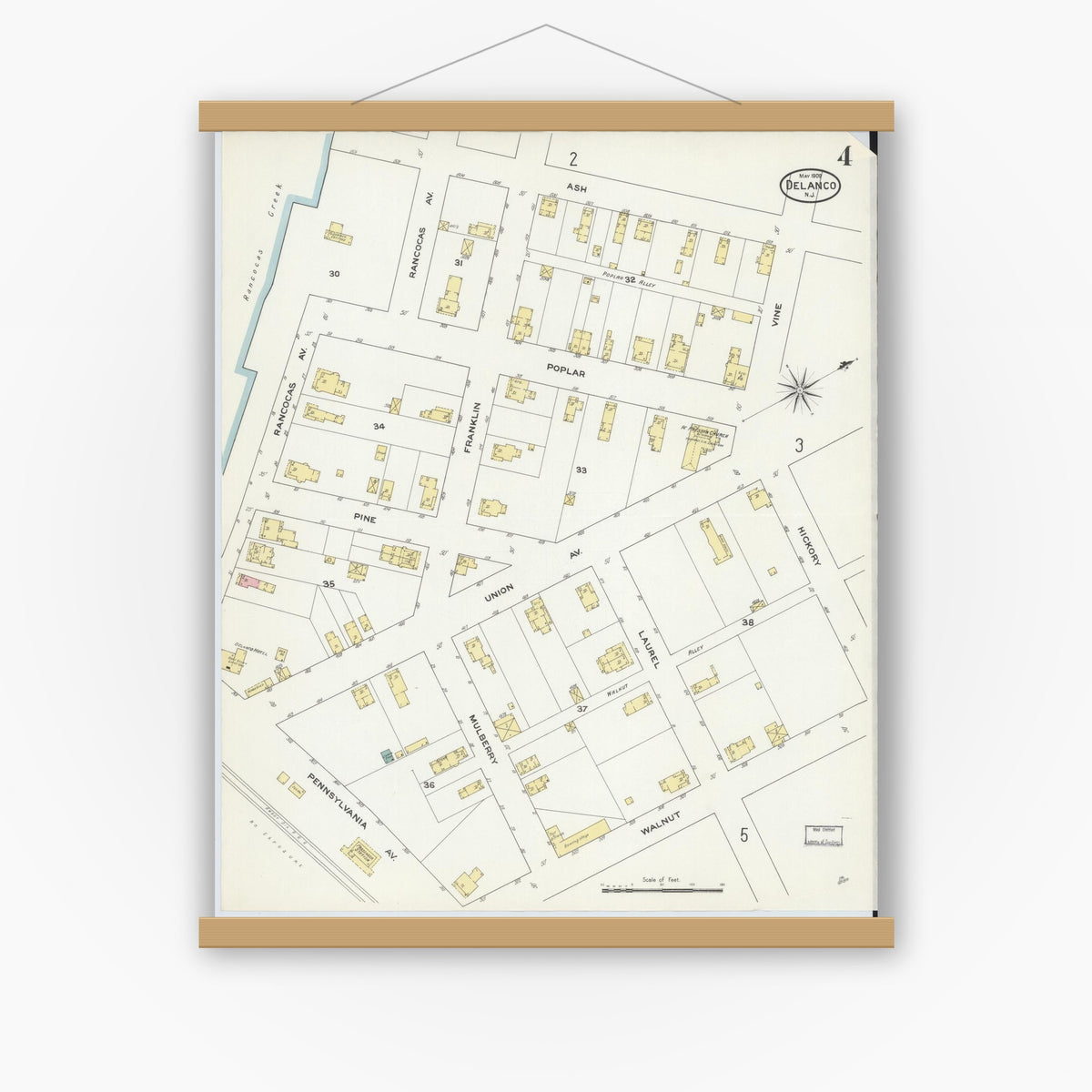 Old map wall art mockup — magnetic wood frame on white wall — Sanborn Fire Insurance Map from Delanco, Burlington County, New Jersey (1909), Sheet #0004