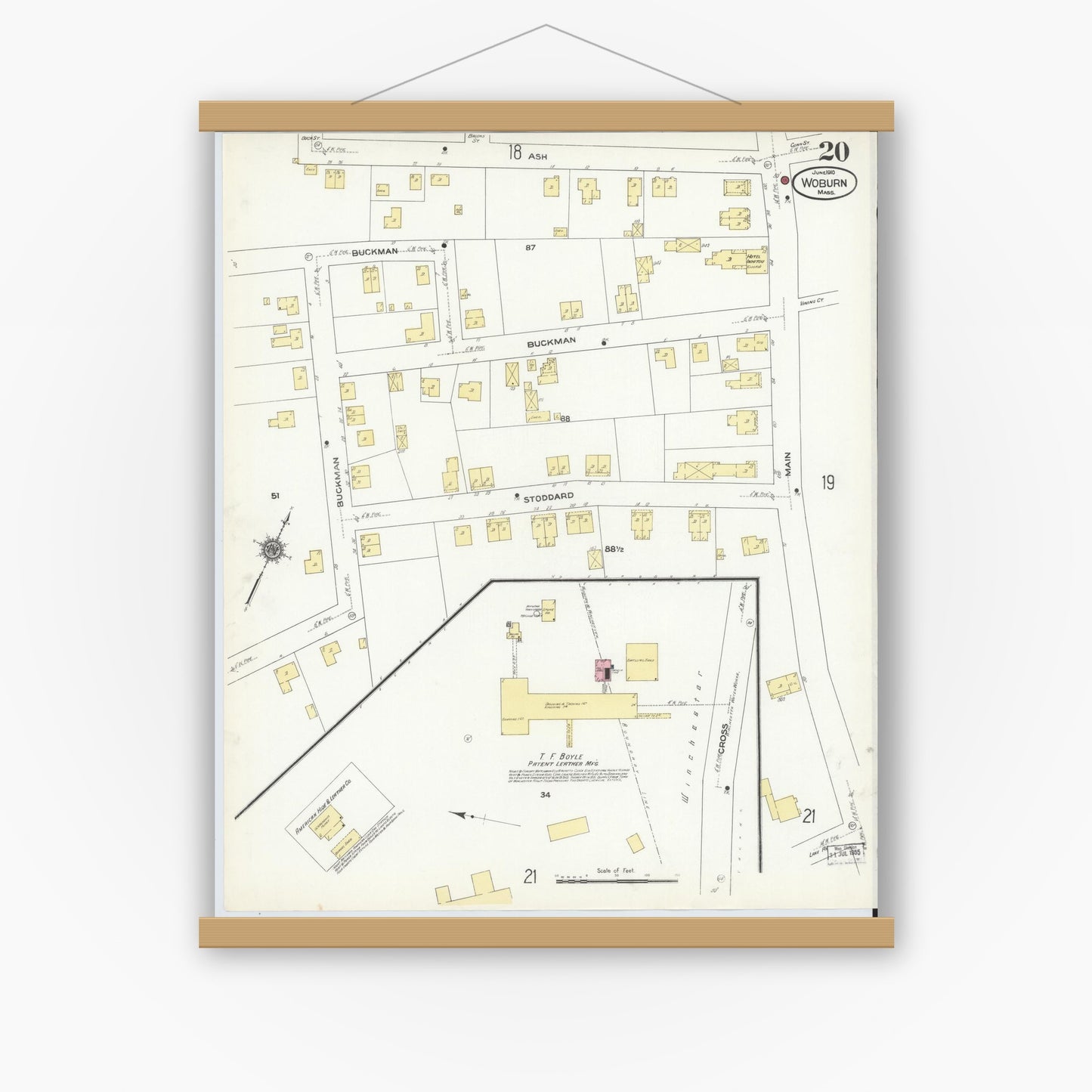 Old map wall art mockup — magnetic wood frame on white wall — Sanborn Fire Insurance Map from Woburn, Middlesex County, Massachusetts (1910), Sheet #0020