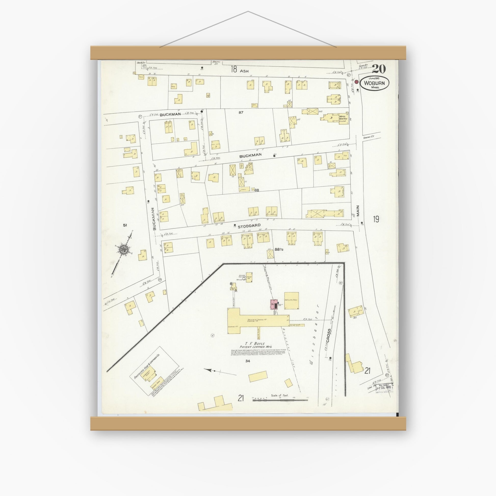Old map wall art mockup — magnetic wood frame on white wall — Sanborn Fire Insurance Map from Woburn, Middlesex County, Massachusetts (1910), Sheet #0020