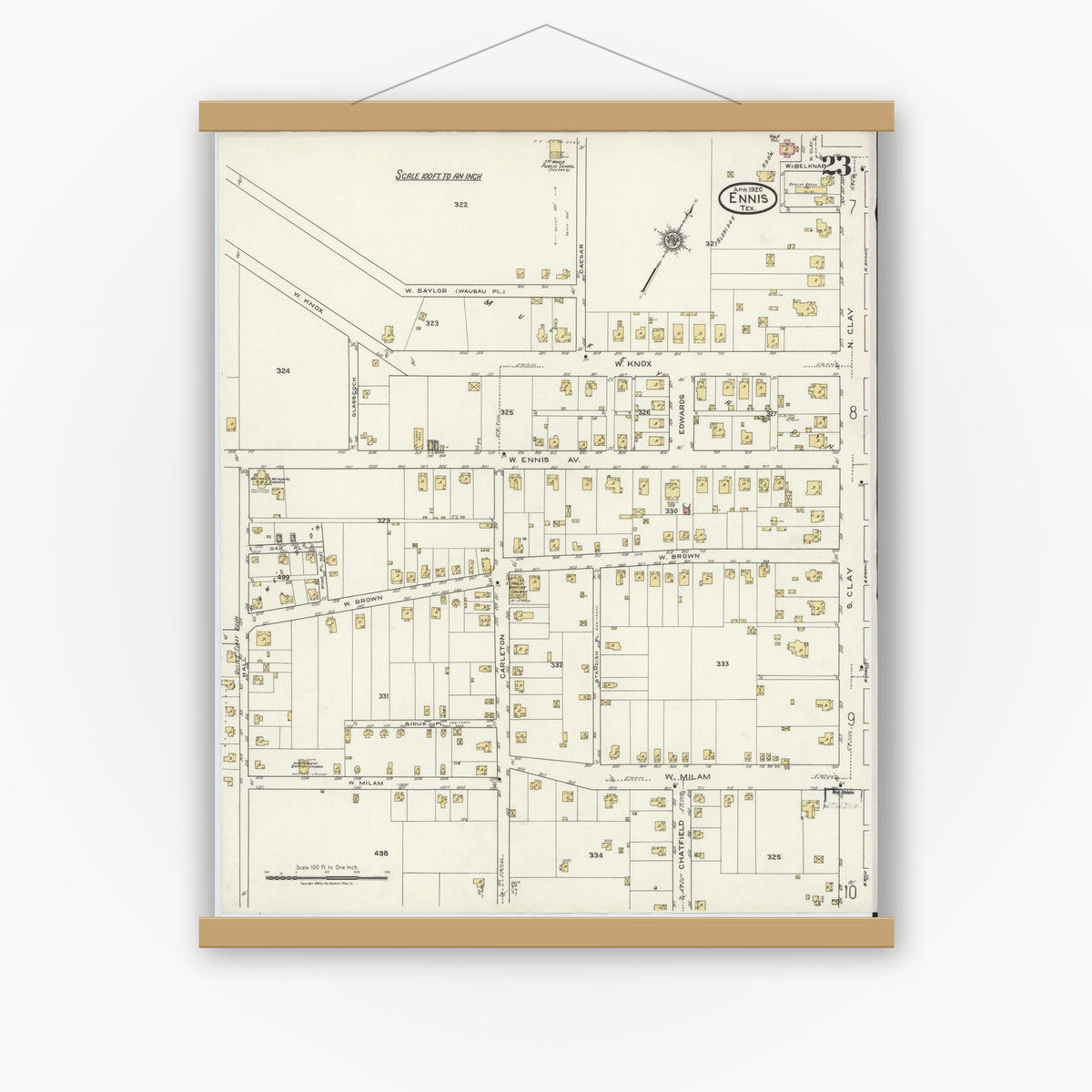 Old map wall art mockup — magnetic wood frame on white wall — Sanborn Fire Insurance Map from Ennis, Ellis County, Texas (1920), Sheet #0023