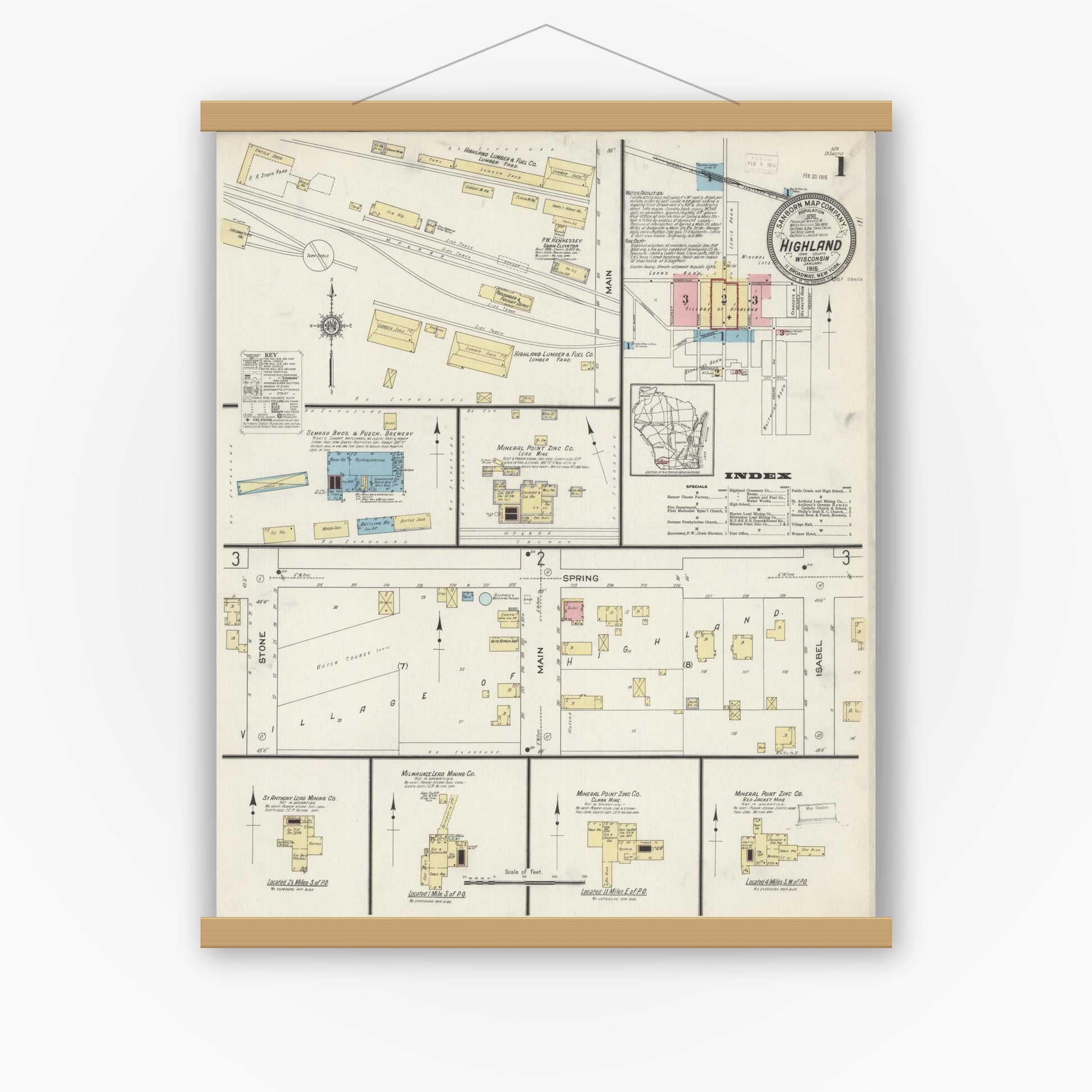 Old map wall art mockup — magnetic wood frame on white wall — Sanborn Fire Insurance Map from Highland, Iowa County, Wisconsin (1915) - Complete Map Set