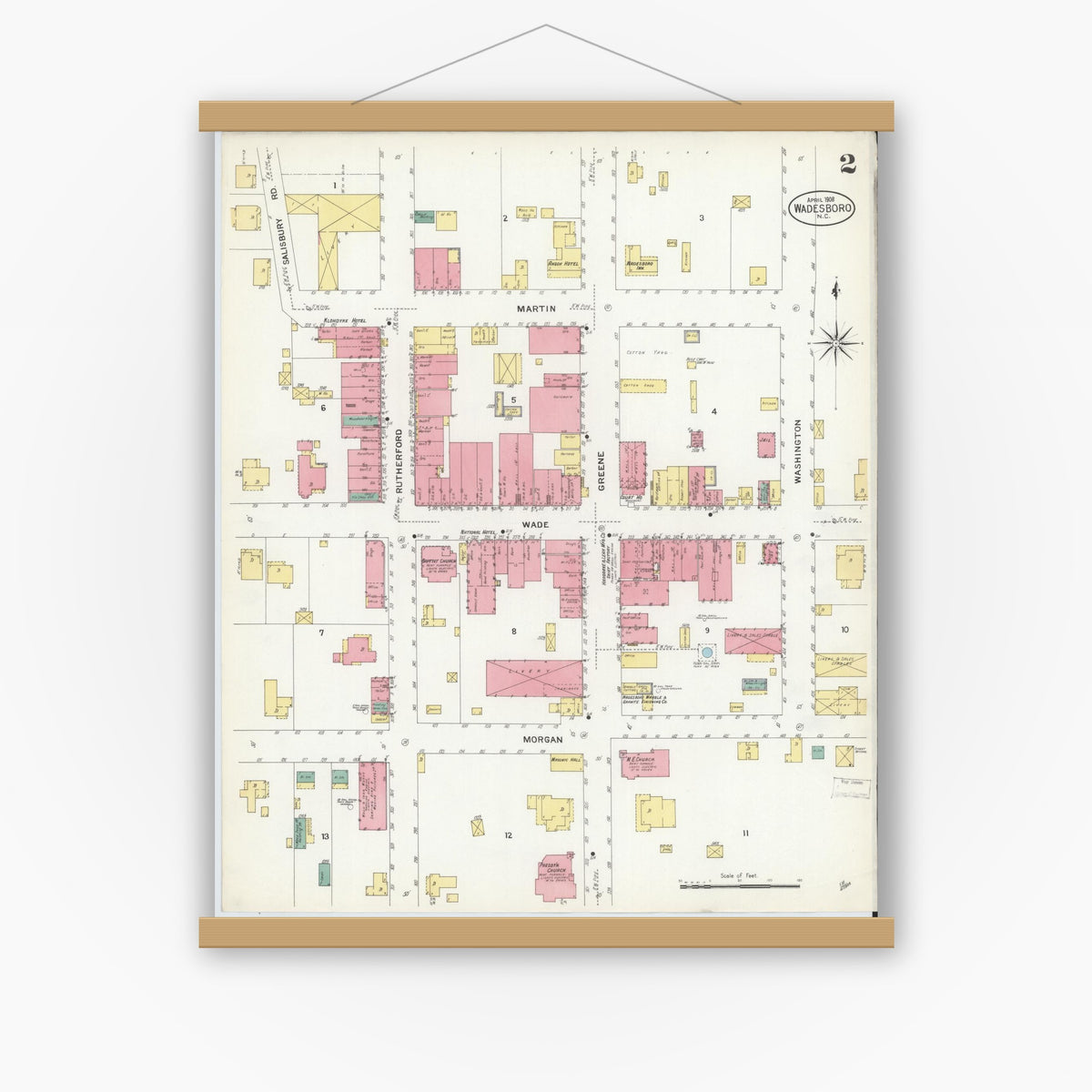 Old map wall art mockup — magnetic wood frame on white wall — Sanborn Fire Insurance Map from Wadesboro, Anson County, North Carolina (1908), Sheet #0002