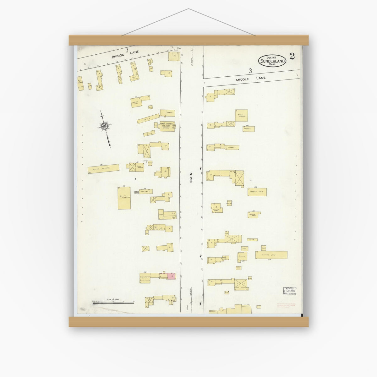 Old map wall art mockup — magnetic wood frame on white wall — Sanborn Fire Insurance Map from Sunderland, Franklin County, Massachusetts (1915), Sheet #0002