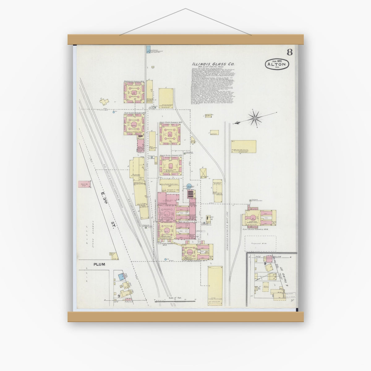 Old map wall art mockup — magnetic wood frame on white wall — Sanborn Fire Insurance Map from Alton, Madison County, Illinois (1892), Sheet #0008