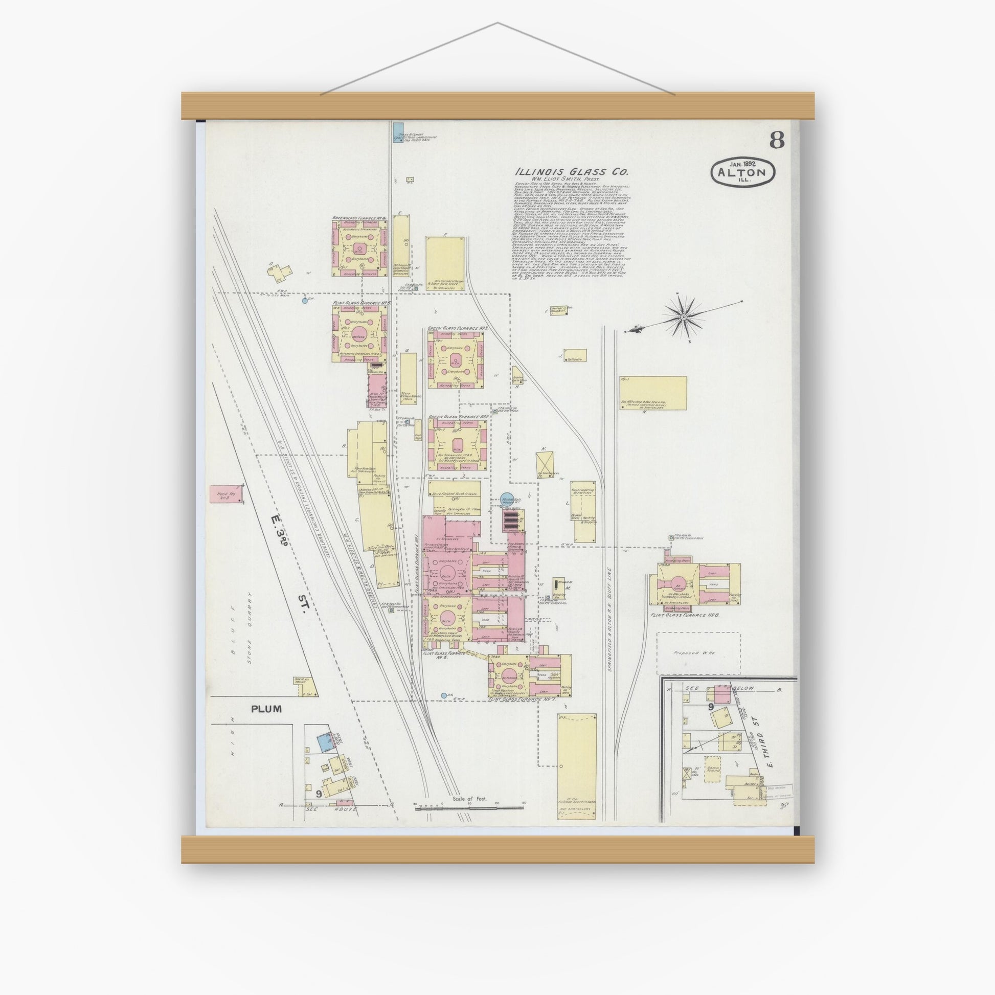 Old map wall art mockup — magnetic wood frame on white wall — Sanborn Fire Insurance Map from Alton, Madison County, Illinois (1892), Sheet #0008