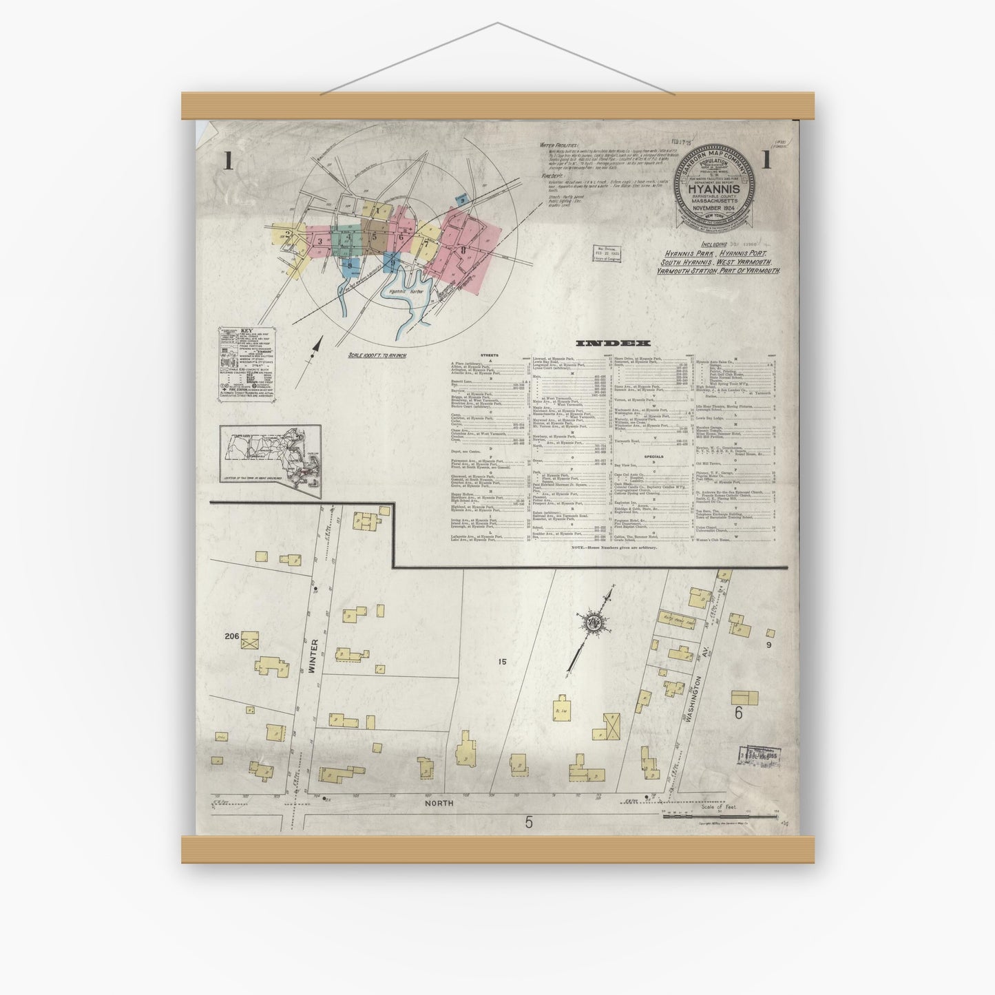 Old map wall art mockup — magnetic wood frame on white wall — Sanborn Fire Insurance Map from Hyannis, Barnstable County, Massachusetts (1924) - Complete Map Set