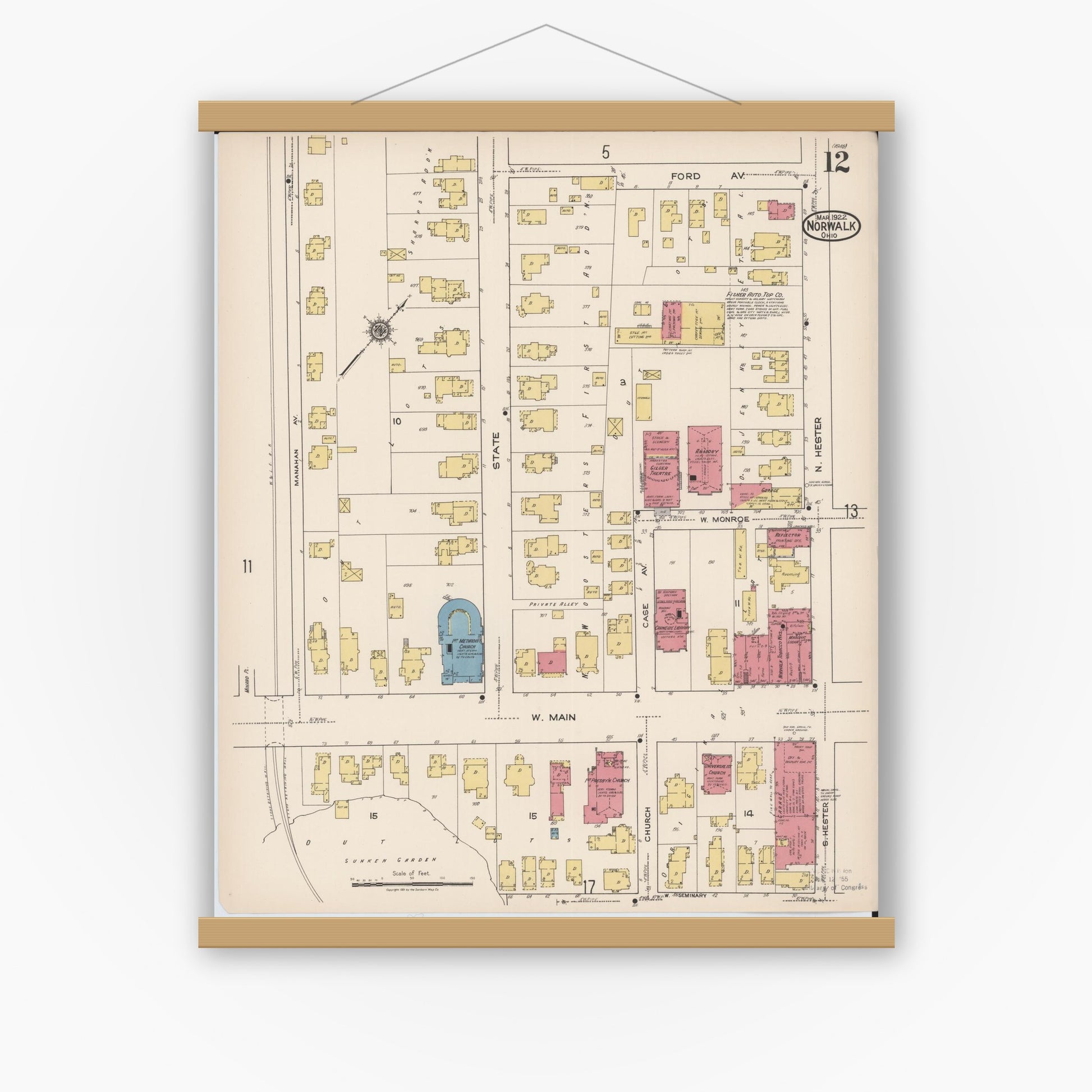Old map wall art mockup — magnetic wood frame on white wall — Sanborn Fire Insurance Map from Norwalk, Huron County, Ohio (1922), Sheet #0012
