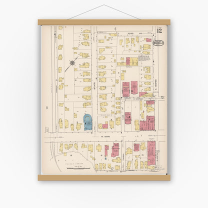 Old map wall art mockup — magnetic wood frame on white wall — Sanborn Fire Insurance Map from Norwalk, Huron County, Ohio (1922), Sheet #0012