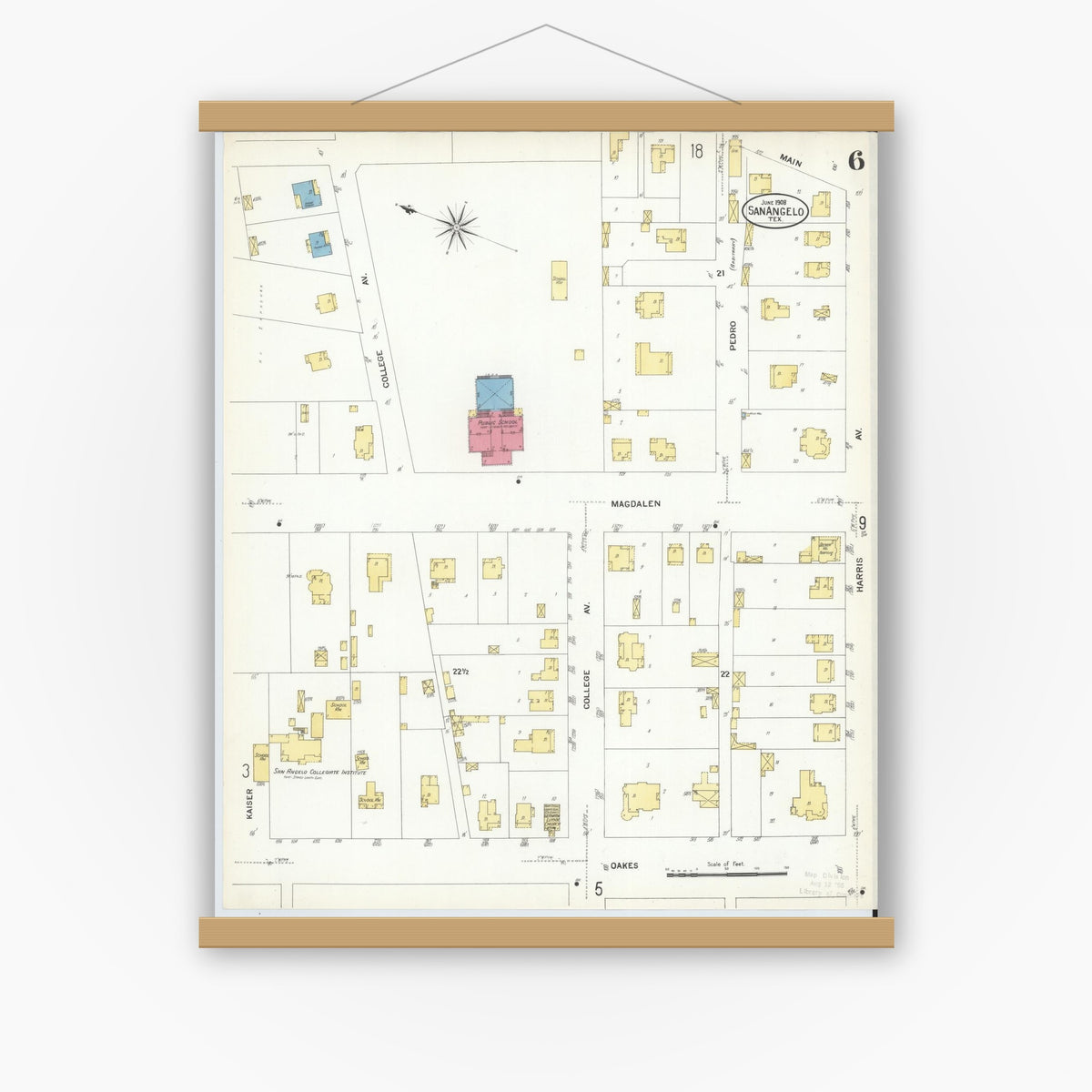 Old map wall art mockup — magnetic wood frame on white wall — Sanborn Fire Insurance Map from San Angelo, Tom Green County, Texas (1908), Sheet #0006
