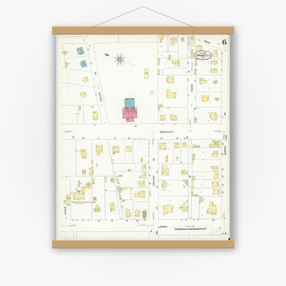 Old map wall art mockup — magnetic wood frame on white wall — Sanborn Fire Insurance Map from San Angelo, Tom Green County, Texas (1908), Sheet #0006