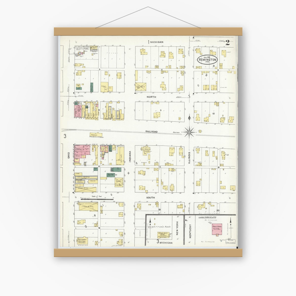 Old map wall art mockup — magnetic wood frame on white wall — Sanborn Fire Insurance Map from Remington, Jasper County, Indiana (1909), Sheet #0002