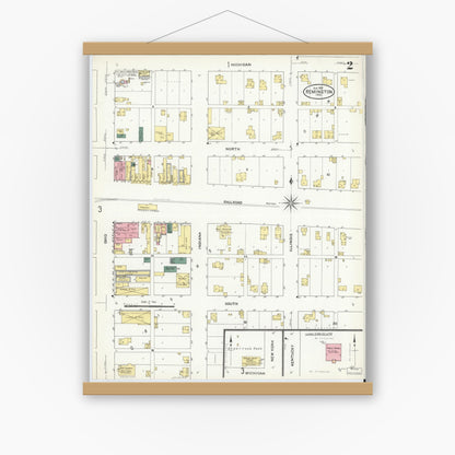 Old map wall art mockup — magnetic wood frame on white wall — Sanborn Fire Insurance Map from Remington, Jasper County, Indiana (1909), Sheet #0002