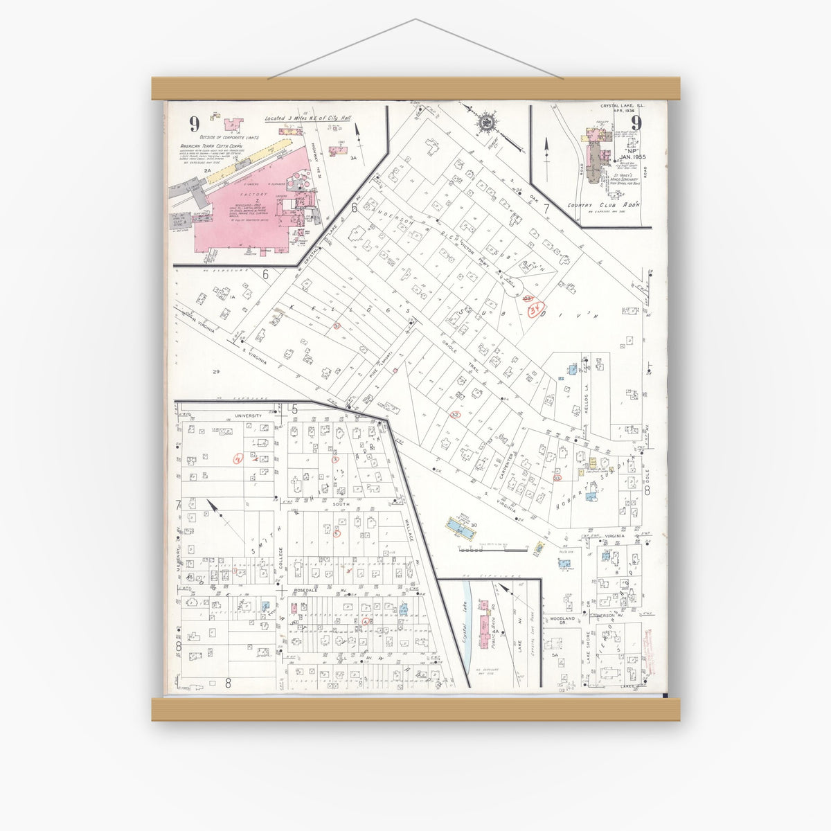 Old map wall art mockup — magnetic wood frame on white wall — Sanborn Fire Insurance Map from Crystal Lake, McHenry County, Illinois (1955), Sheet #0009