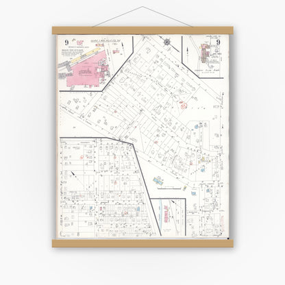 Old map wall art mockup — magnetic wood frame on white wall — Sanborn Fire Insurance Map from Crystal Lake, McHenry County, Illinois (1955), Sheet #0009