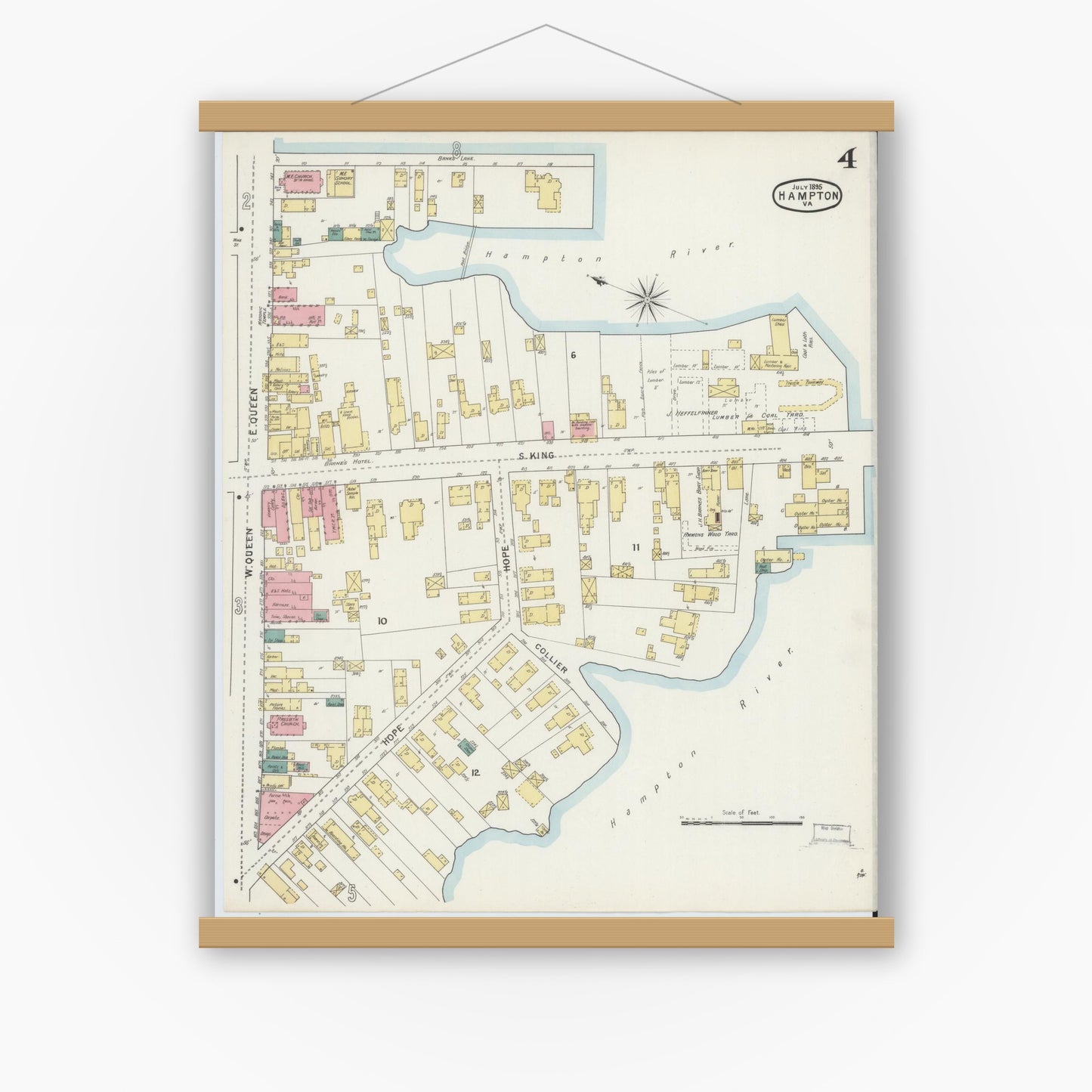 Old map wall art mockup — magnetic wood frame on white wall — Sanborn Fire Insurance Map from Hampton, Independent Cities, Virginia (1895), Sheet #0004