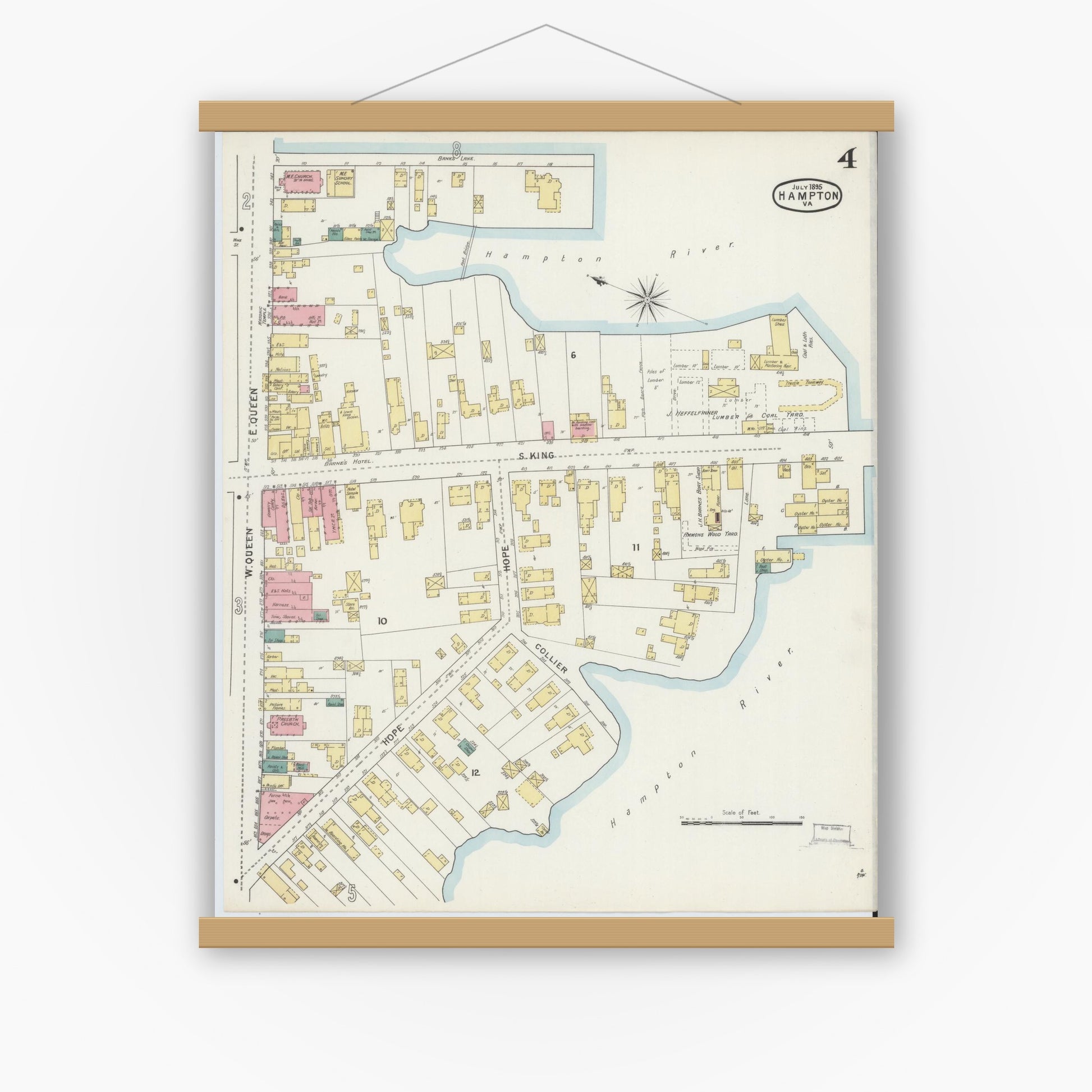 Old map wall art mockup — magnetic wood frame on white wall — Sanborn Fire Insurance Map from Hampton, Independent Cities, Virginia (1895), Sheet #0004