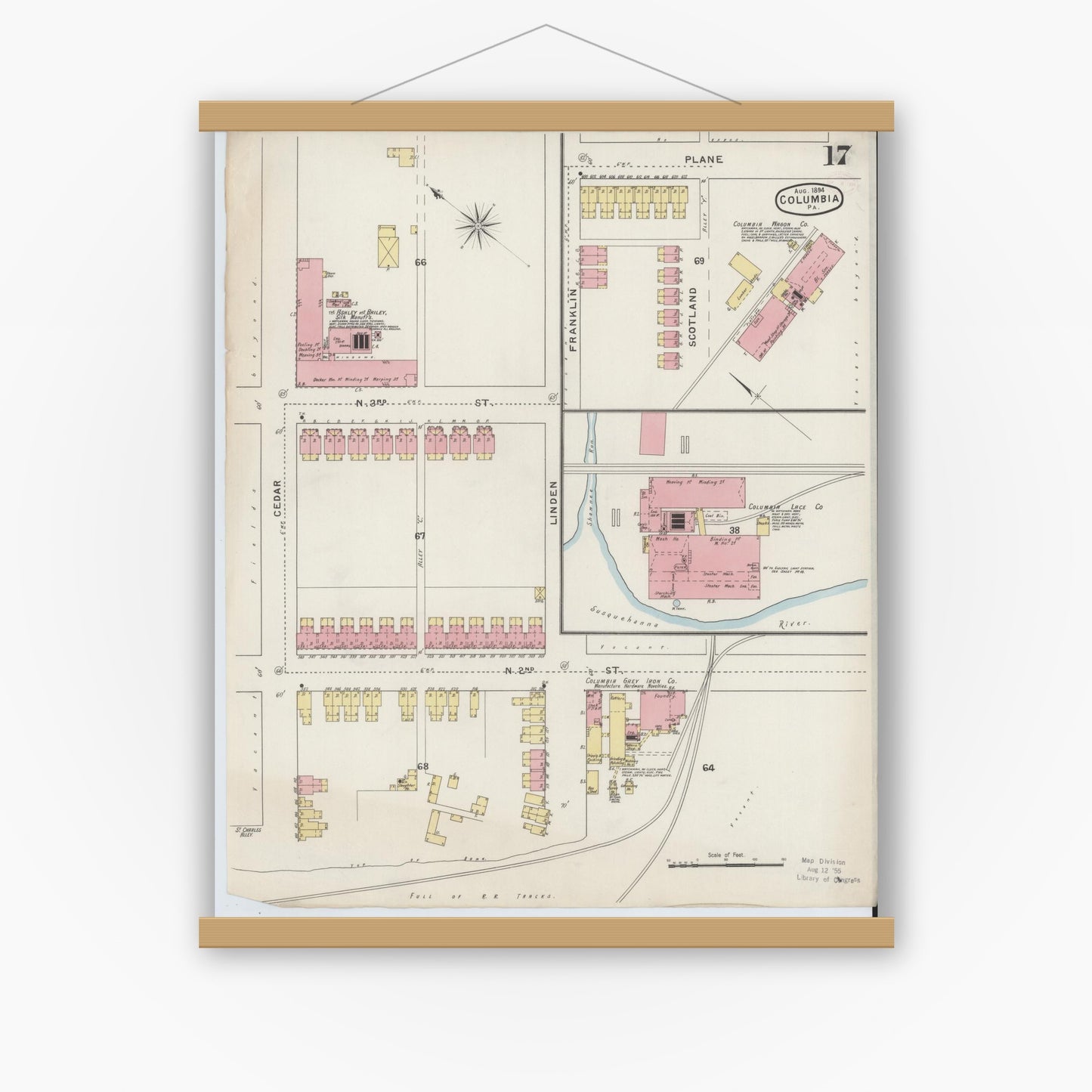 Old map wall art mockup — magnetic wood frame on white wall — Sanborn Fire Insurance Map from Columbia, Lancaster County, Pennsylvania (1894), Sheet #0017