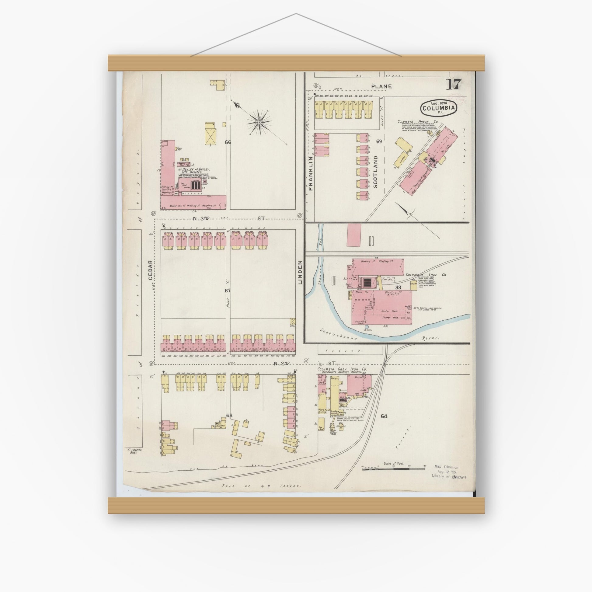 Old map wall art mockup — magnetic wood frame on white wall — Sanborn Fire Insurance Map from Columbia, Lancaster County, Pennsylvania (1894), Sheet #0017