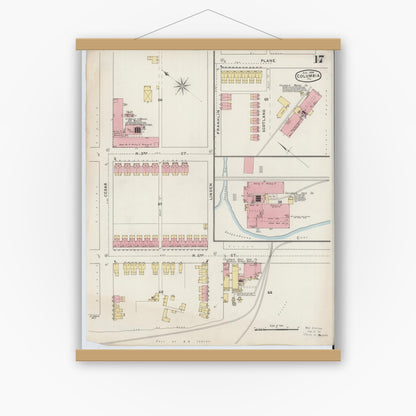 Old map wall art mockup — magnetic wood frame on white wall — Sanborn Fire Insurance Map from Columbia, Lancaster County, Pennsylvania (1894), Sheet #0017