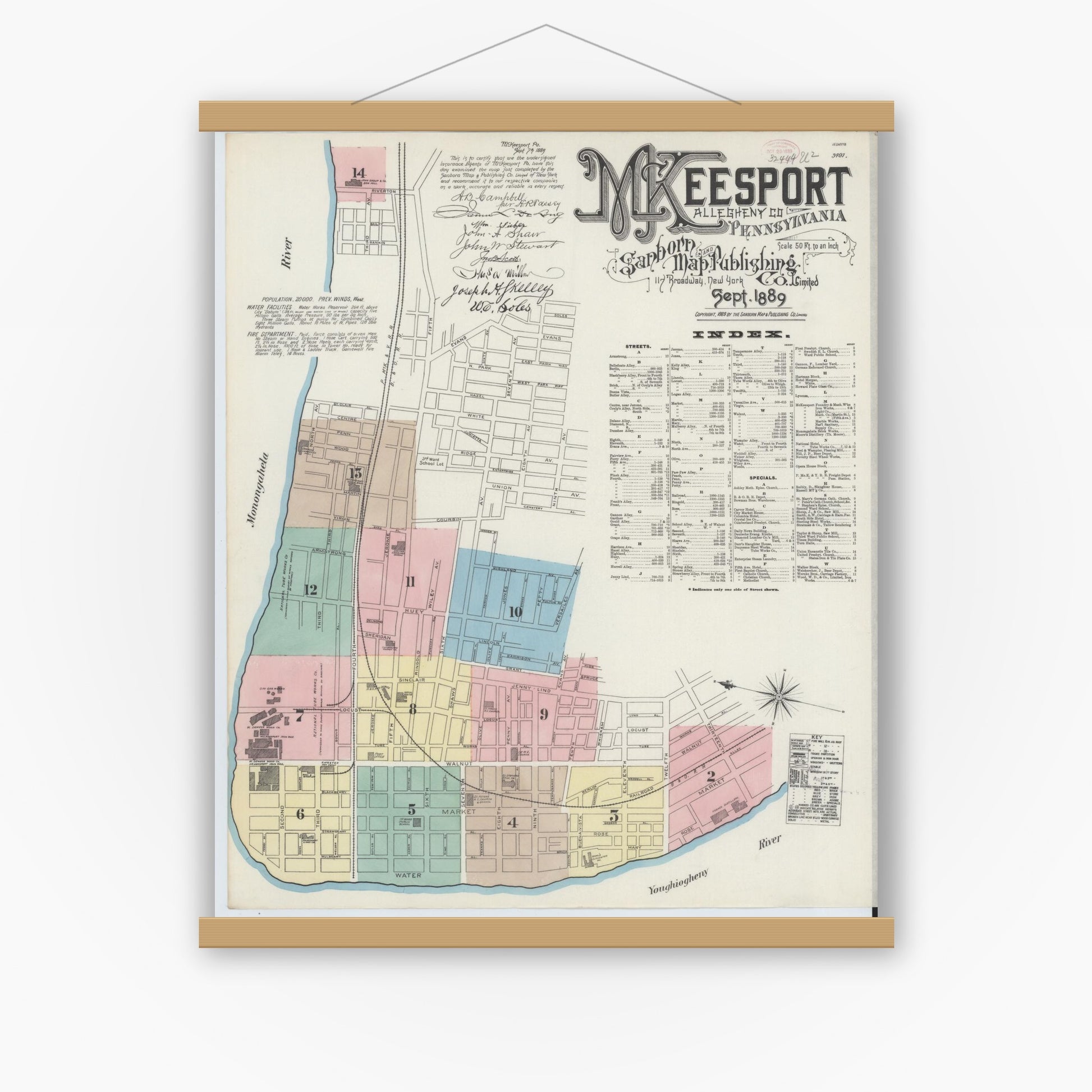 Old map wall art mockup — magnetic wood frame on white wall — Sanborn Fire Insurance Map from McKeesport, Allegheny County, Pennsylvania (1889), Sheet #0001
