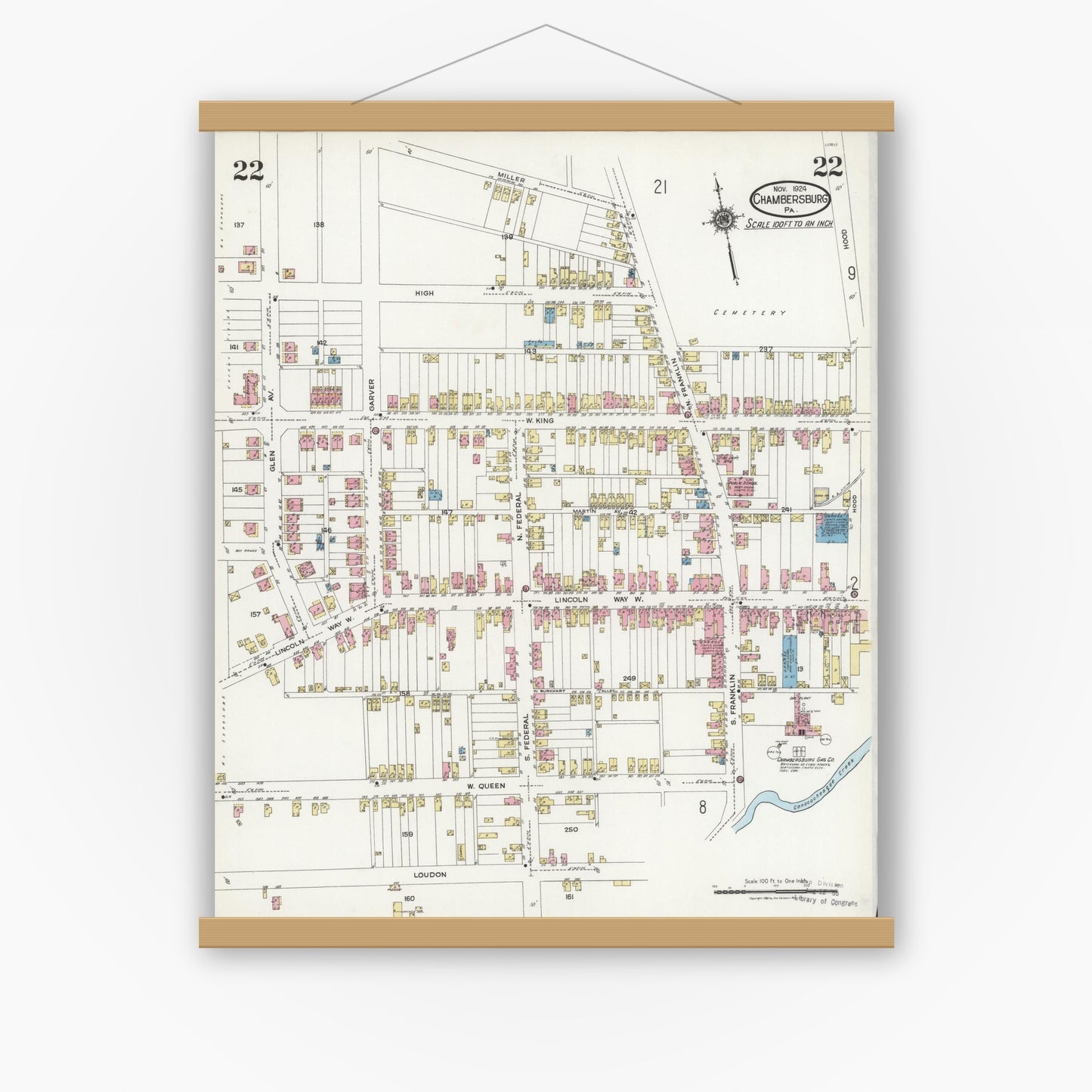 Old map wall art mockup — magnetic wood frame on white wall — Sanborn Fire Insurance Map from Chambersburg, Franklin County, Pennsylvania (1924), Sheet #0022
