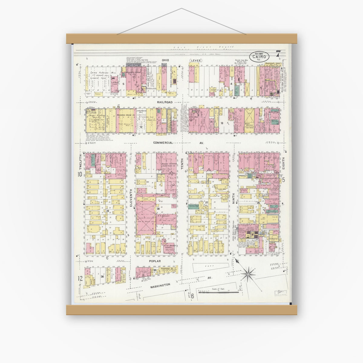Old map wall art mockup — magnetic wood frame on white wall — Sanborn Fire Insurance Map from Cairo, Alexander County, Illinois (1907), Sheet #0007
