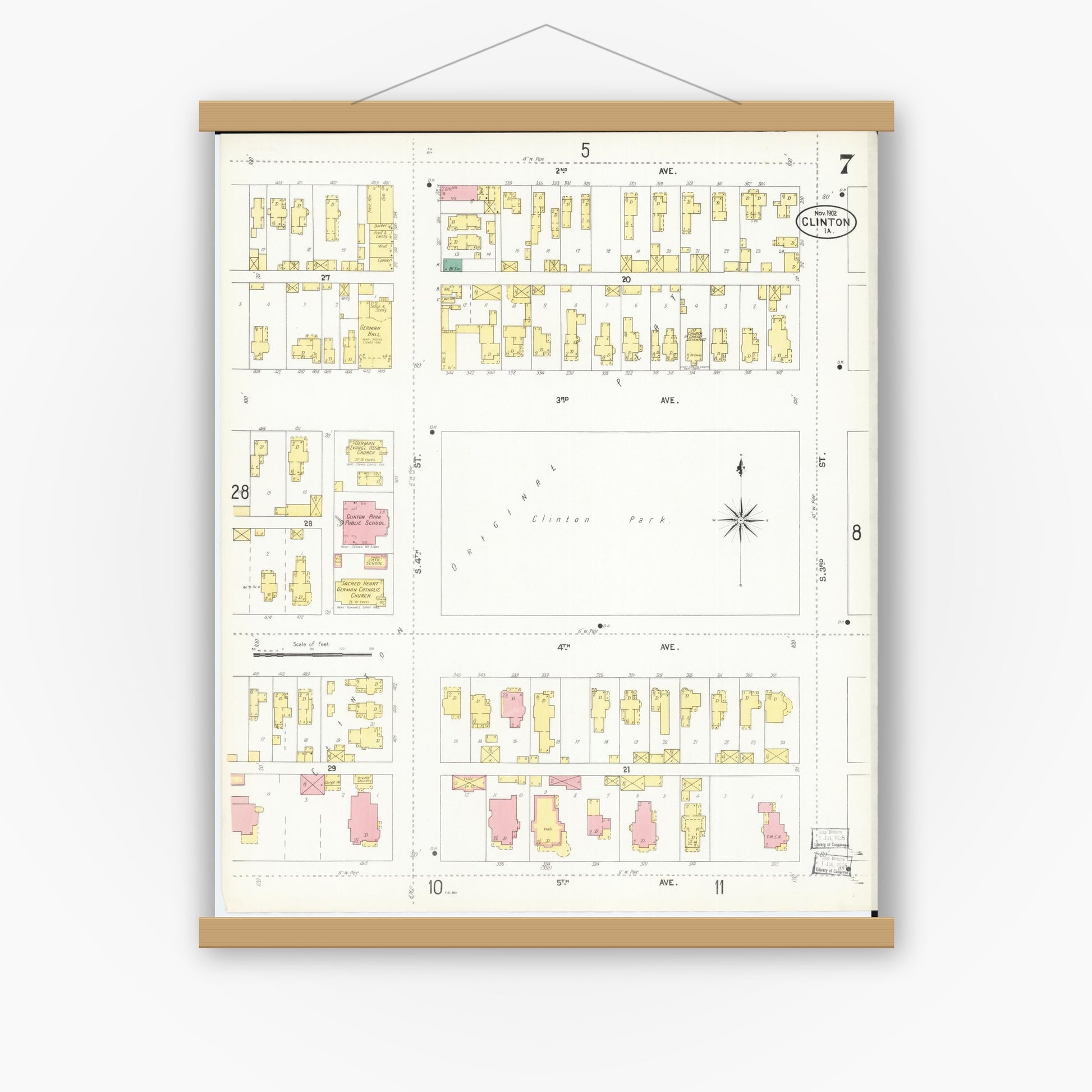 Old map wall art mockup — magnetic wood frame on white wall — Sanborn Fire Insurance Map from Clinton, Clinton County, Iowa (1902), Sheet #0007