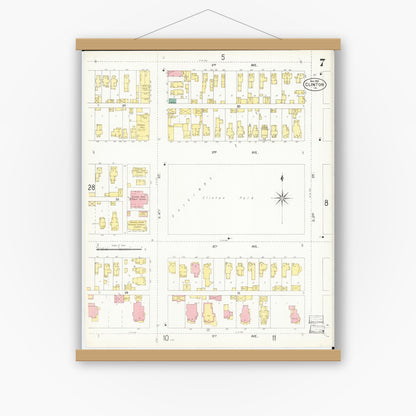 Old map wall art mockup — magnetic wood frame on white wall — Sanborn Fire Insurance Map from Clinton, Clinton County, Iowa (1902), Sheet #0007