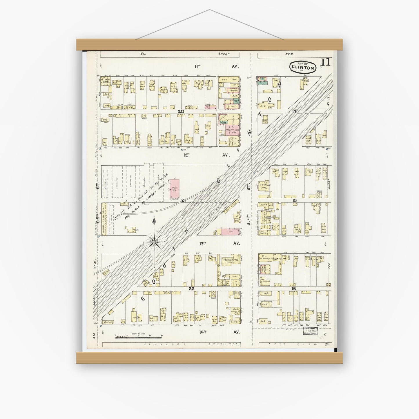 Old map wall art mockup — magnetic wood frame on white wall — Sanborn Fire Insurance Map from Clinton, Clinton County, Iowa (1890), Sheet #0011