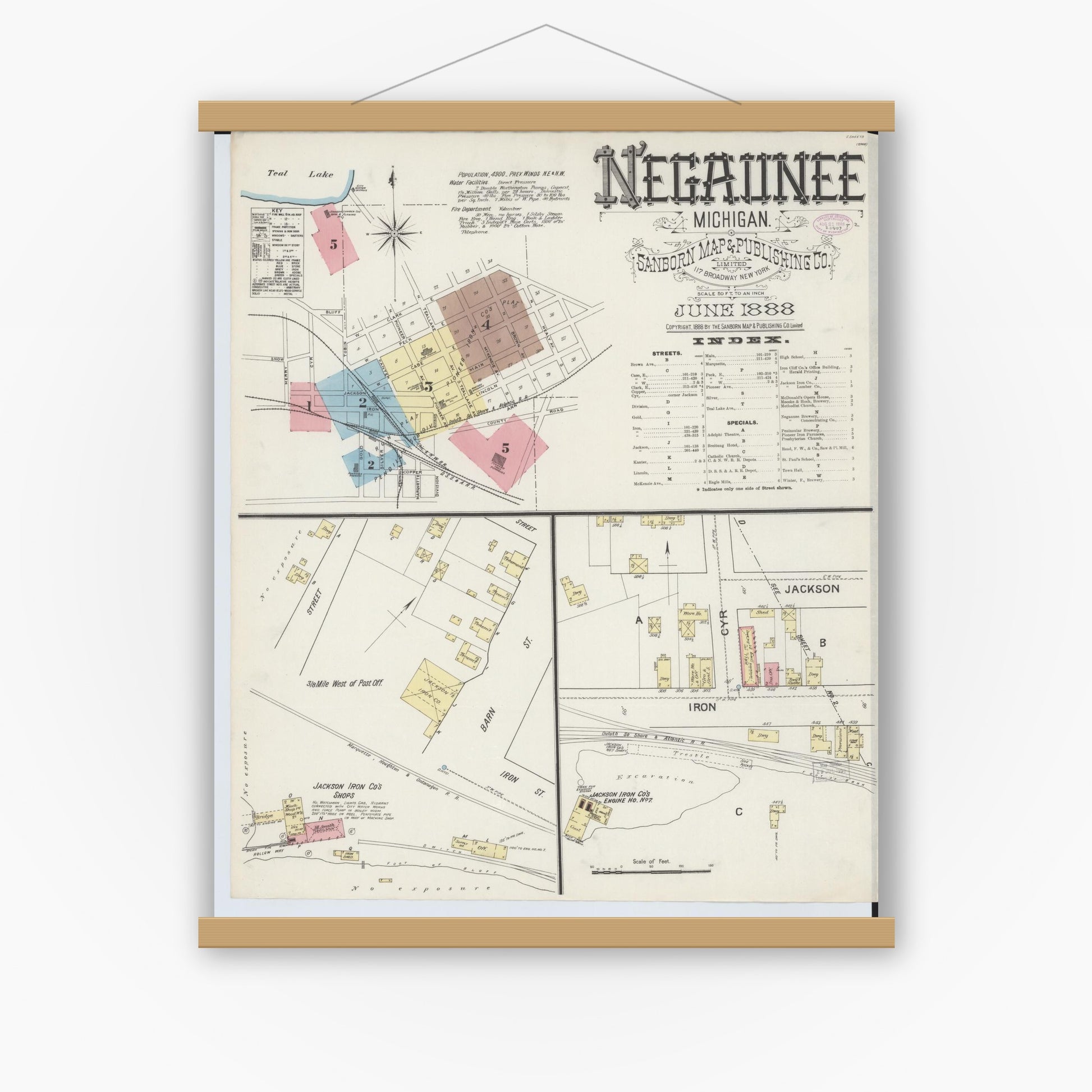 Old map wall art mockup — magnetic wood frame on white wall — Sanborn Fire Insurance Map from Negaunee, Marquette County, Michigan (1888) - Complete Map Set