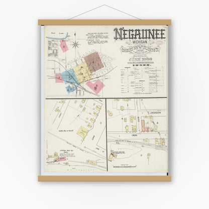 Old map wall art mockup — magnetic wood frame on white wall — Sanborn Fire Insurance Map from Negaunee, Marquette County, Michigan (1888) - Complete Map Set