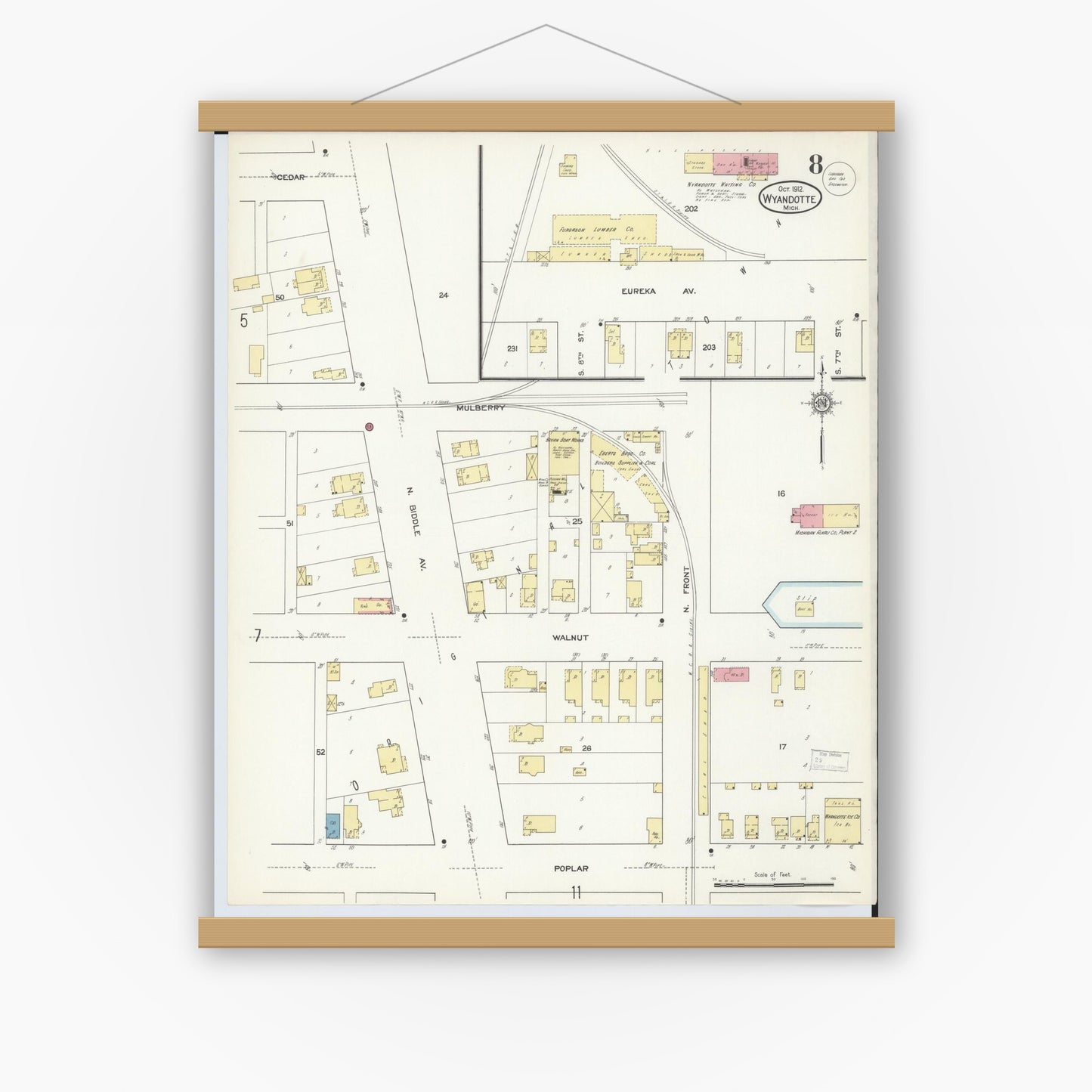 Old map wall art mockup — magnetic wood frame on white wall — Sanborn Fire Insurance Map from Wyandotte, Wayne County, Michigan (1912), Sheet #0008