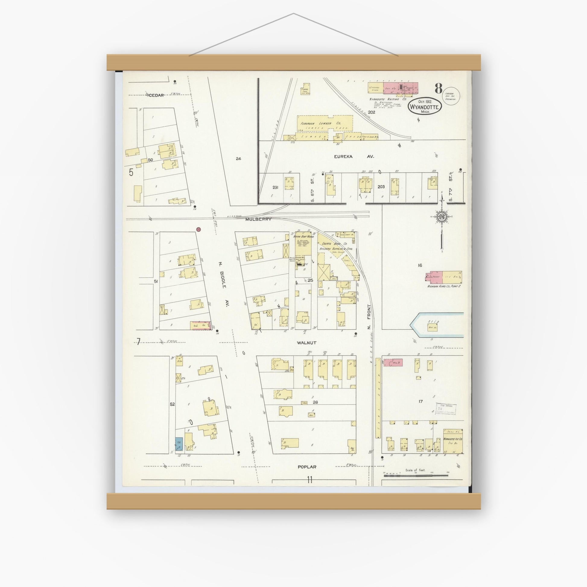 Old map wall art mockup — magnetic wood frame on white wall — Sanborn Fire Insurance Map from Wyandotte, Wayne County, Michigan (1912), Sheet #0008