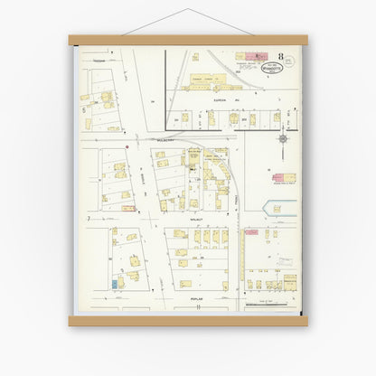Old map wall art mockup — magnetic wood frame on white wall — Sanborn Fire Insurance Map from Wyandotte, Wayne County, Michigan (1912), Sheet #0008