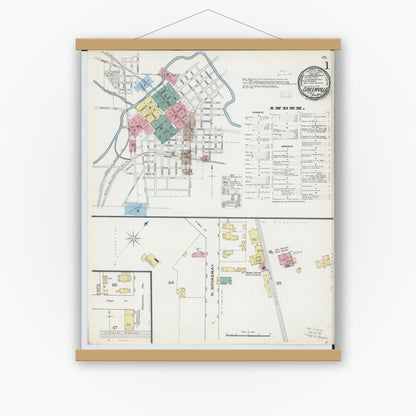 Old map wall art mockup — magnetic wood frame on white wall — Sanborn Fire Insurance Map from Greenville, Darke County, Ohio (1892), Sheet #0001