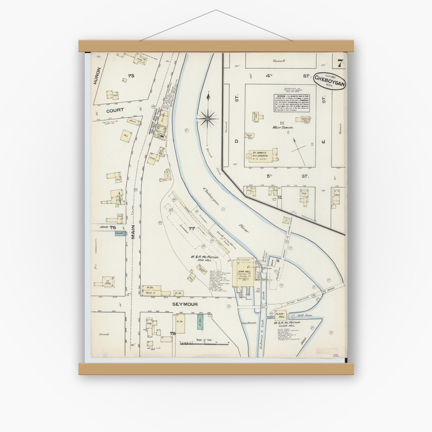 Old map wall art mockup — magnetic wood frame on white wall — Sanborn Fire Insurance Map from Cheboygan, Cheboygan County, Michigan (1884), Sheet #0007
