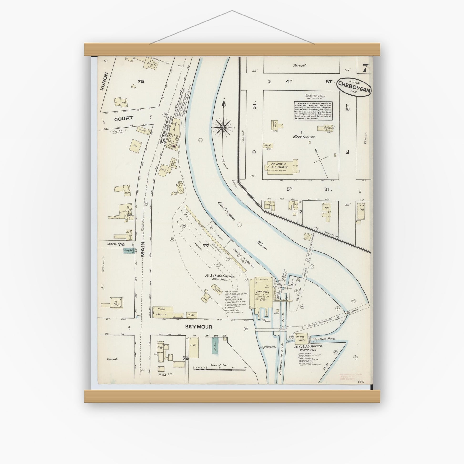 Old map wall art mockup — magnetic wood frame on white wall — Sanborn Fire Insurance Map from Cheboygan, Cheboygan County, Michigan (1884), Sheet #0007