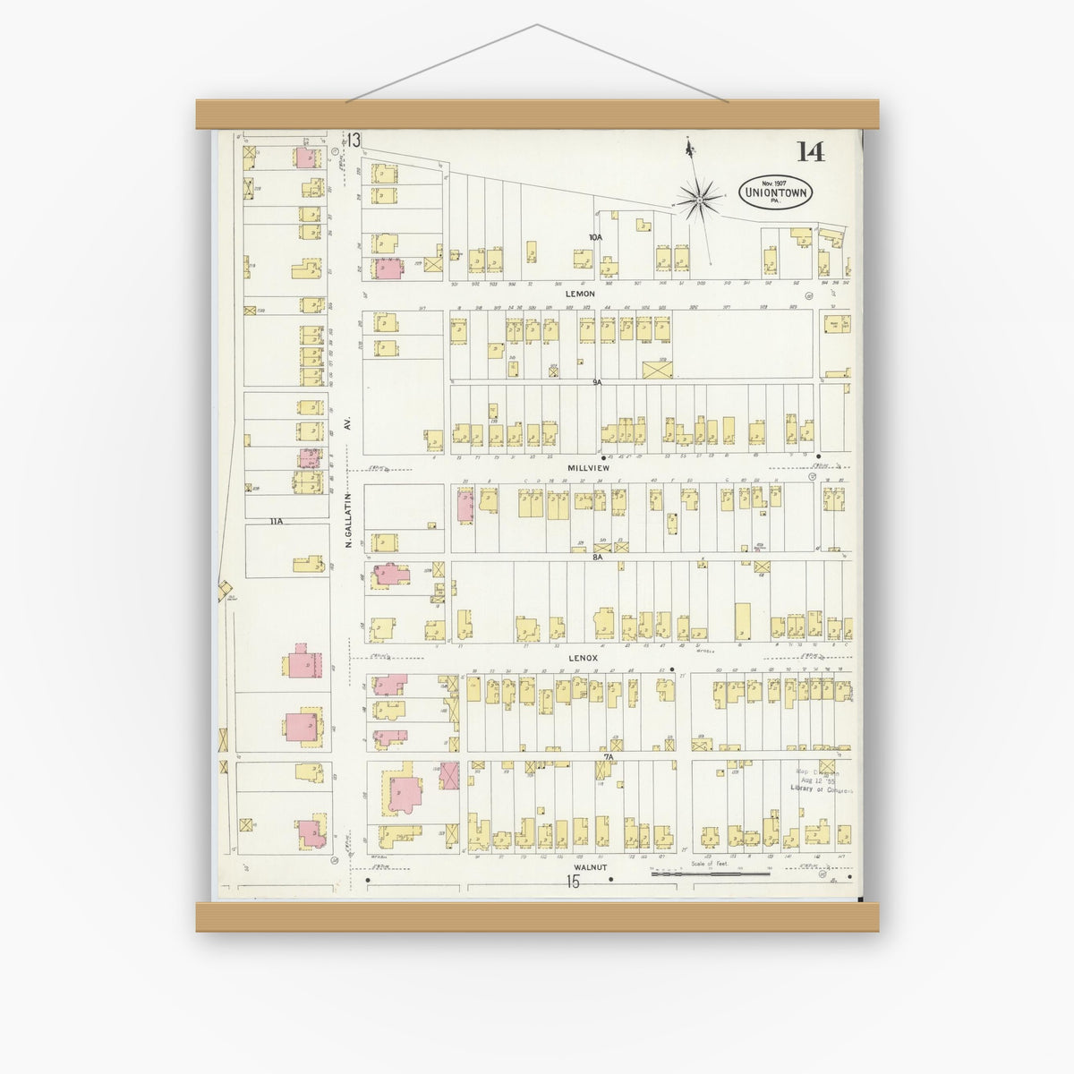 Old map wall art mockup — magnetic wood frame on white wall — Sanborn Fire Insurance Map from Uniontown, Fayette County, Pennsylvania (1907), Sheet #0014