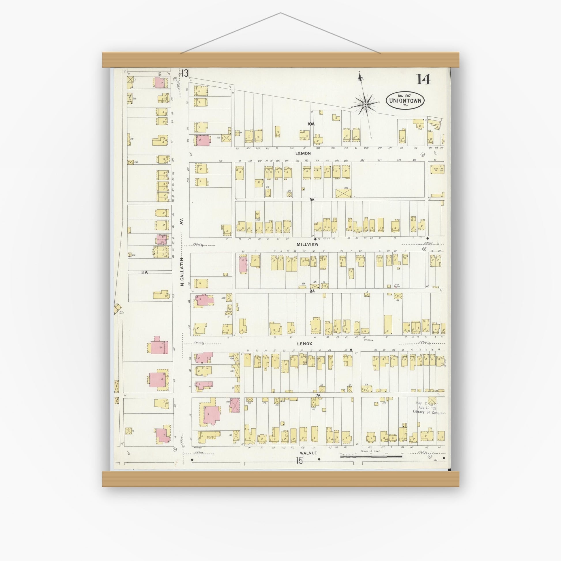 Old map wall art mockup — magnetic wood frame on white wall — Sanborn Fire Insurance Map from Uniontown, Fayette County, Pennsylvania (1907), Sheet #0014