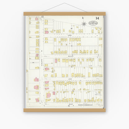 Old map wall art mockup — magnetic wood frame on white wall — Sanborn Fire Insurance Map from Uniontown, Fayette County, Pennsylvania (1907), Sheet #0014
