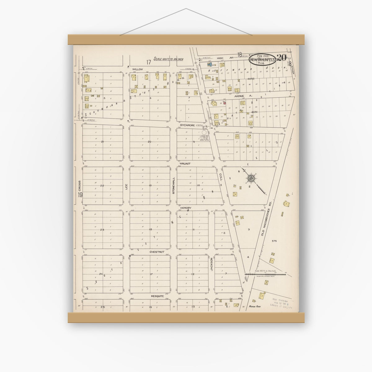 Old map wall art mockup — magnetic wood frame on white wall — Sanborn Fire Insurance Map from New Braunfels, Comal County, Texas (1922), Sheet #0020
