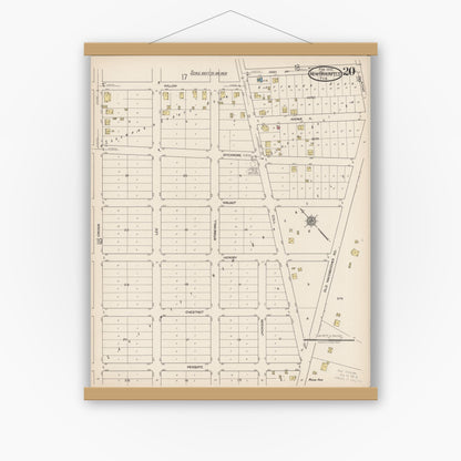 Old map wall art mockup — magnetic wood frame on white wall — Sanborn Fire Insurance Map from New Braunfels, Comal County, Texas (1922), Sheet #0020