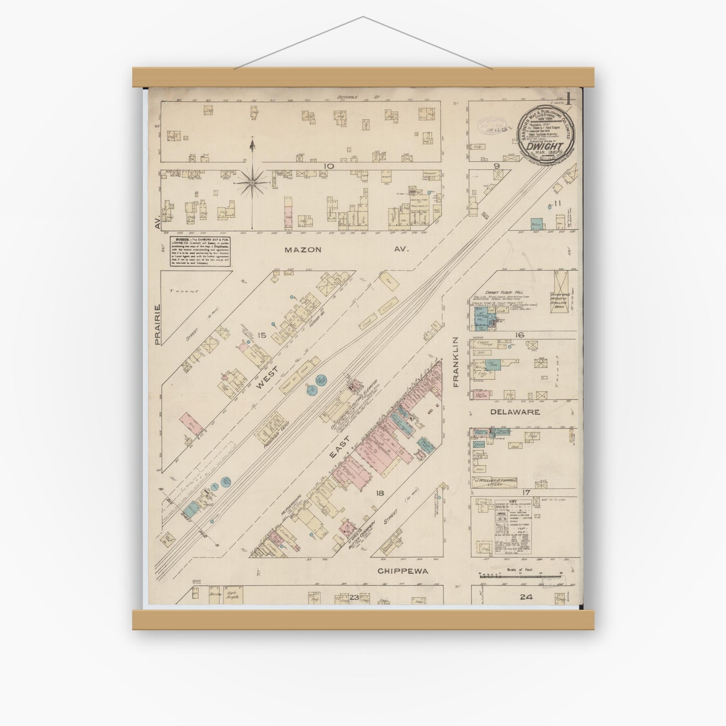 Old map wall art mockup — magnetic wood frame on white wall — Sanborn Fire Insurance Map from Dwight, Livingston County, Illinois (1885), Sheet #0001