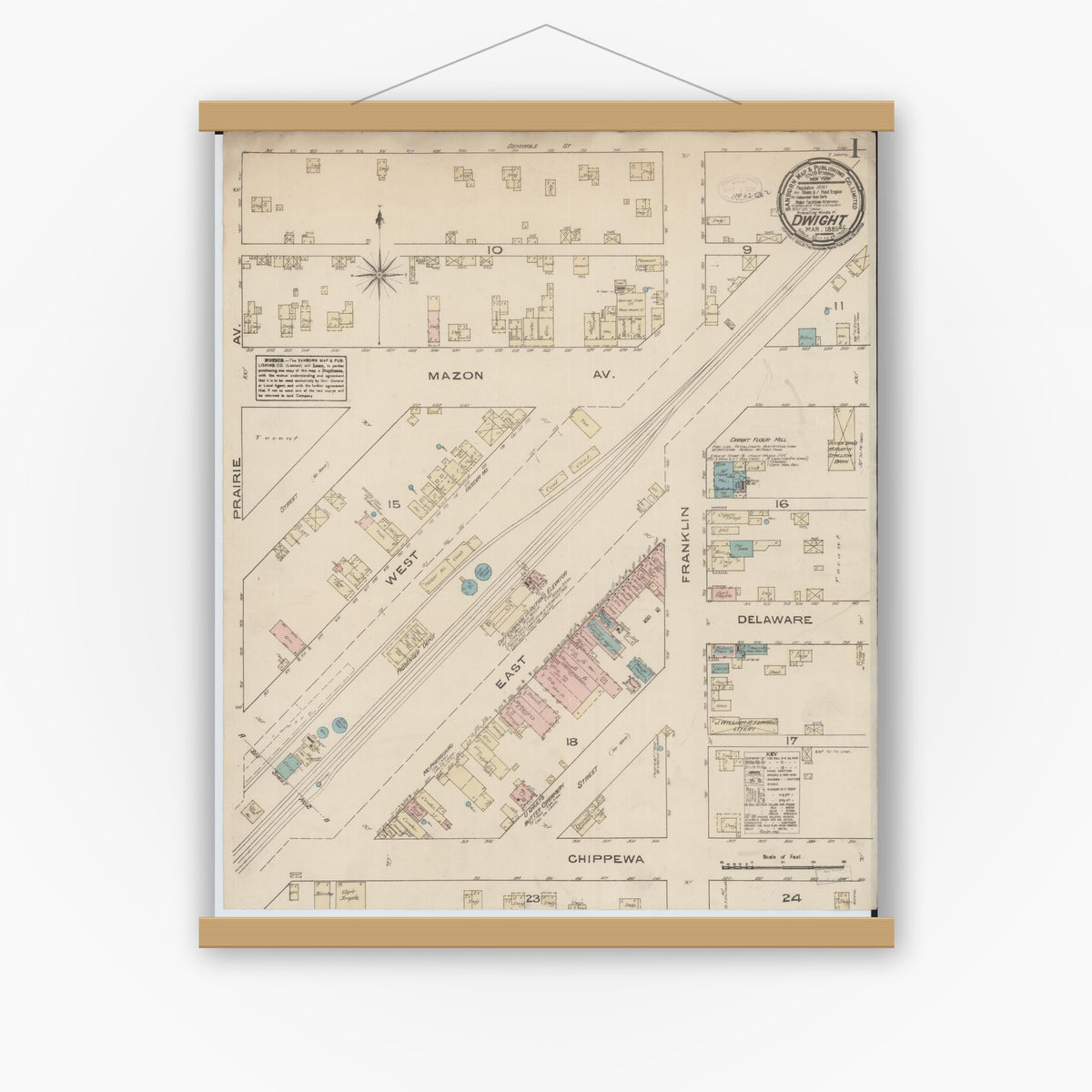 Old map wall art mockup — magnetic wood frame on white wall — Sanborn Fire Insurance Map from Dwight, Livingston County, Illinois (1885), Sheet #0001