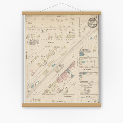 Old map wall art mockup — magnetic wood frame on white wall — Sanborn Fire Insurance Map from Dwight, Livingston County, Illinois (1885), Sheet #0001
