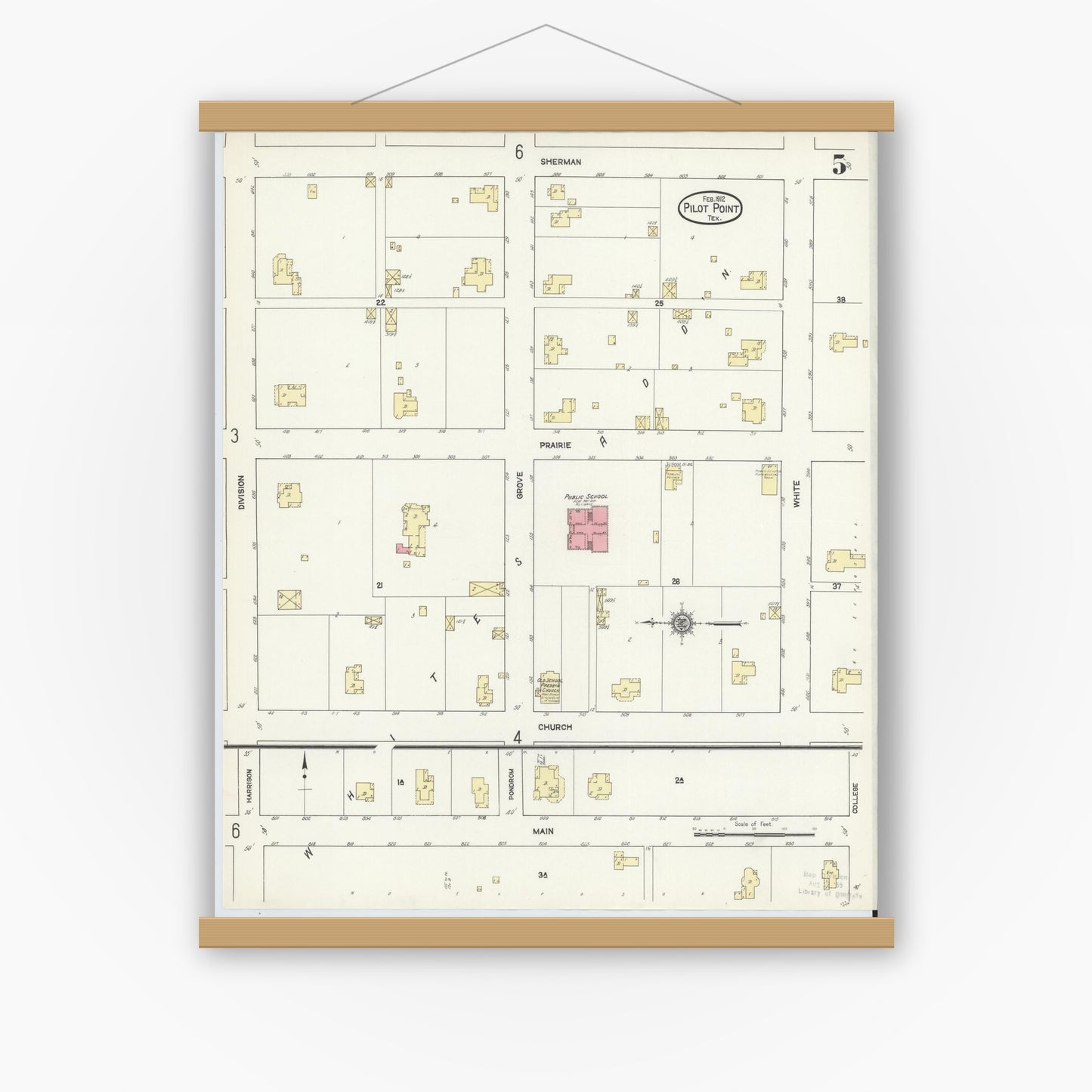 Old map wall art mockup — magnetic wood frame on white wall — Sanborn Fire Insurance Map from Pilot Point, Denton County, Texas (1912), Sheet #0005