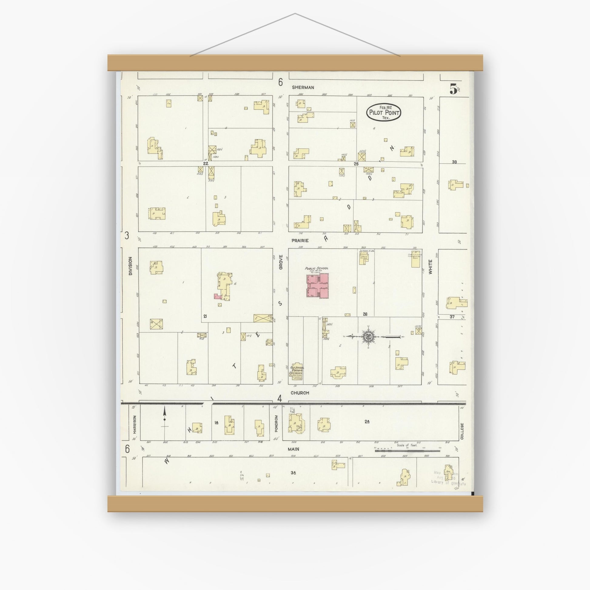 Old map wall art mockup — magnetic wood frame on white wall — Sanborn Fire Insurance Map from Pilot Point, Denton County, Texas (1912), Sheet #0005